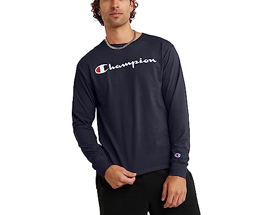 Champion Herren Klassisches Langarm, Standard-Passform, C-Logo, Erhältlich in Regular und Big & Tall T-Shirt, Navy Script, L von Champion