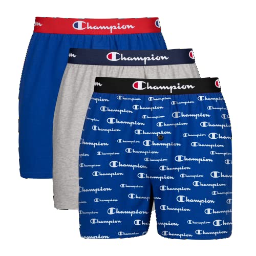 Champion Herren Men's Cotton Stretch 3 Pack Boxer Shorts Boxershorts, Blau Script Logo/Oxford Grau Heather/Surf The Web Blue, 3 Stück, Small (3er Pack) von Champion