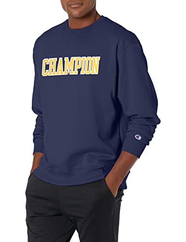 Champion Herren Powerblend Fleece Crew Block Logo Pullover, Athletic Navy/Forsythia 586mpa, Large von Champion