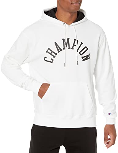 Champion Herren Powerblend Fleece Hoodie Block Arch Kapuzenpullover, Weiß/Schwarz Blockbogen, X-Large von Champion