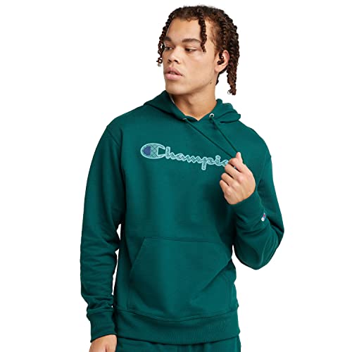 Champion Herren Powerblend Fleece Pullover Hoodie Graphic Script Kapuzenpullover, Forest Peak Green Faux Quilt Scrip, L von Champion