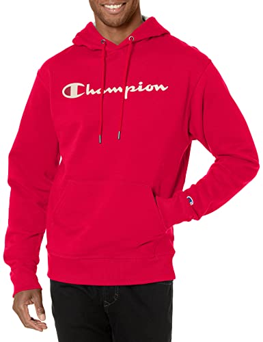 Champion Herren Powerblend Fleece Pullover Hoodie Logo Kapuzenpullover, Red Stone Script, L von Champion