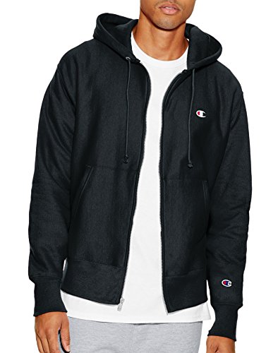 Champion Herren Reverse Weave Full-Zip Hoodie Sweatshirt, Schwarz/Links Brust C Logo und Ärmelaufnäher, Large von Champion