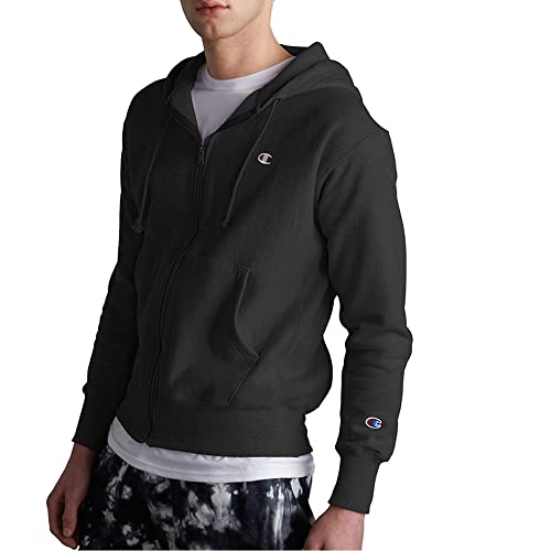 Champion Herren Reverse Weave Full-Zip Hoodie Sweatshirt, Schwarz/Links Brust C Logo und Ärmelaufnäher, Large von Champion