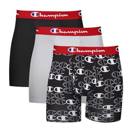 Champion Herren Underwear Boxer Briefs, Everyday Active, Lightweight Stretch, Multi-Pack Retroshorts, Ebenholz/Ebenholz mit C-Logo-Druck Silverstone, 3 Stück, Medium (3er von Champion