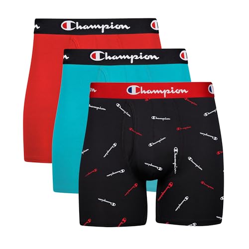 Champion Herren Unterwäsche Boxer Briefs, Everyday Active, Leichter Stretch, Multipack Retroshorts, Schwarz mit Schriftzug-Logo/Electric Cyan/Scarlet – 3er-Pack, Large von Champion