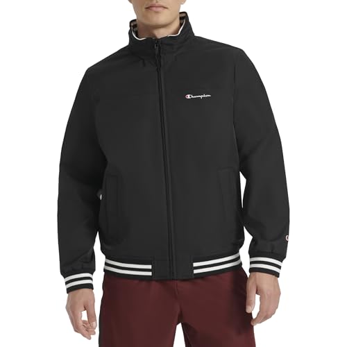 Champion Herren Water Resistant Varsity Bomber Jacket with Flex Stand Collar Jacke, Schwarz, M von Champion