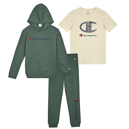 Champion Jungen-Sweatanzug-Set für Kinder, 3-teilig, mit Kapuze, Jogger und T-Shirt, Trainingsanzug, Waldgrün-Grau, Small Champion Jungen-Sweatanzug-Set für Kinder, 3-teilig, mit Kapuze, Jogger und T-Shirt, Trainingsanzug, Waldgrün-Grau, Small von Champion