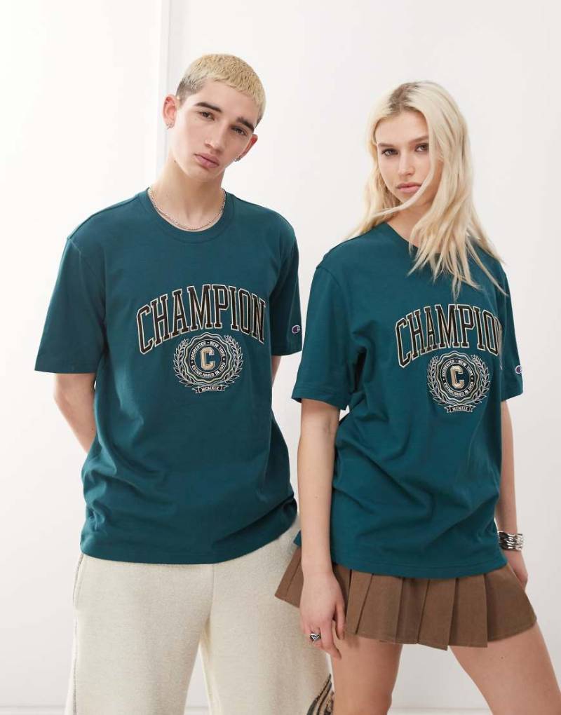 Champion - College-T-Shirt in Grün mit Unisex-Schnitt von Champion