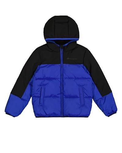 Champion Legacy Outdoor Retro Sport B (306872) – WR Ripstop Nylon Woven 40gr Kapuzenjacke, Mehrfarbig Tiefblau/Schwarz (BAI/NBK), 9–10 Jahre (M) Kind FW24 von Champion