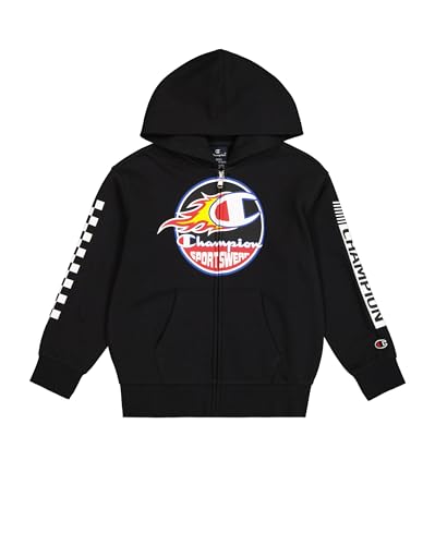 Champion Legacy Play With Graphics B (306910) – Ultraleichter, weicher, kompakter Polyfleece-Kapuzenpullover mit durchgehendem Reißverschluss und Cappuccio, Nero (NBK), 5-6 Jahre (XS) Bambino FW24 von Champion