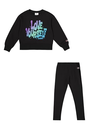 Champion Mädchen Legacy Script Shop G (405043) -Ultra-Light Soft Compact Powerblend Fleece Crewneck & Leggings Anzug, Schwarz (KK001), 7-8 Jahre von Champion