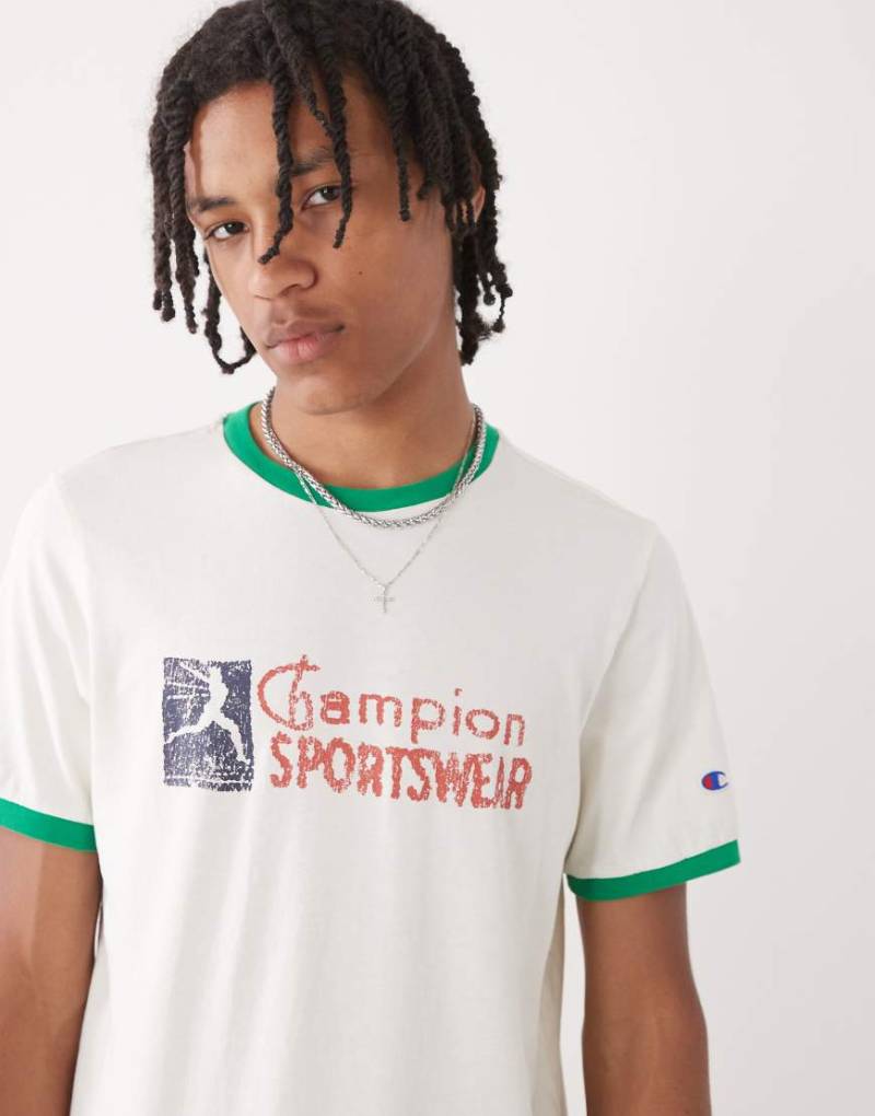 Champion - Ringer-T-Shirt in Beige und Grün-Neutral von Champion