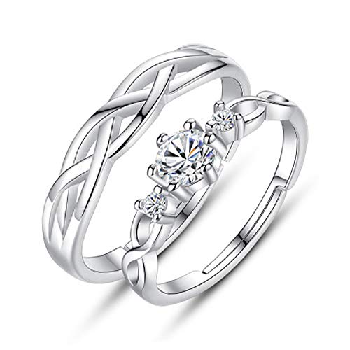 2 Stück Sterling Silber Ring für Frauen, Männer und Mädchen-Einstellbare Paar Ring mit Zirkonia Wave Shaped Eheringe Eheringe Weiße Ringe Valentinstagsgeschenke von Chandler