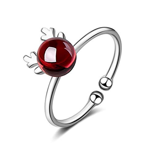 Weihnachtsring Geschenk, 925 Sterling Silber roter Granat Hirsch Offener Ring für Frauen Mädchen - Verstellbare Größe Silberring von Chandler