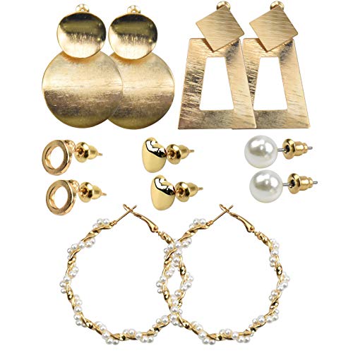 6 Paar Mehrere Ohrstecker Schmuck Set, Damen Ohrringe, Mode Ohrschmuck, Herzform Ohrstecker, Großer Kreis Ohrhänger für Frauen Party Geburtstag Geschenke Golden Weiß Perle von Changrongsheng