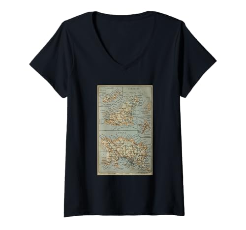 Damen Guernsey und Jersey UK Vintage Karte (1910) T-Shirt mit V-Ausschnitt von Channel Islands England Historical Atlas
