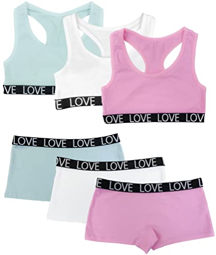 Channo Mädchen Bügelloses Unterwäsche-Set aus Baumwolle: Bustier mit Breiten Trägern und Culotte-Slip Ideal zum Schulstart 3er-Pack L Geeignet für 12–14 Jahre Modell Süß von Channo