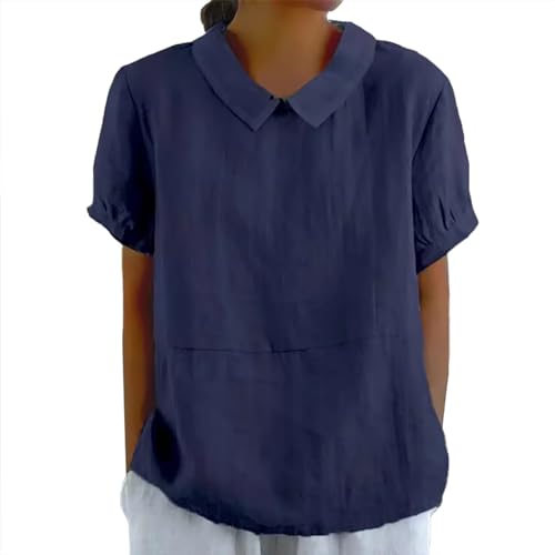Bluse Damen Sommer, Elegant Leinenbluse Einfarbig Blusenshirt Revers Rundhals Leinenhemd Blumendruck Oberteile Lose Pullover Top Vintage Freizeithemd T-Shirt Blusehemd Blusentop Tunika von Chanpning