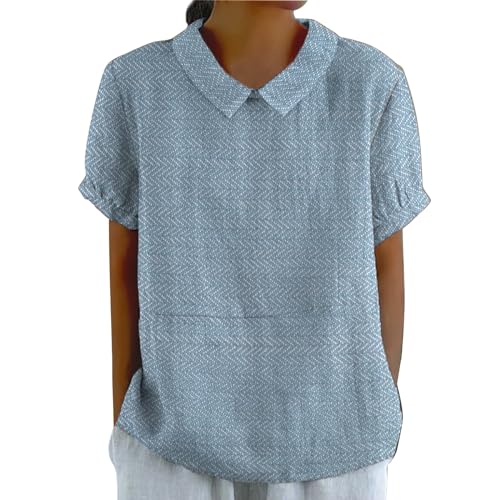 Bluse Damen Sommer, Elegant Leinenbluse Einfarbig Blusenshirt Revers Rundhals Leinenhemd Blumendruck Oberteile Lose Pullover Top Vintage Freizeithemd T-Shirt Blusehemd Blusentop Tunika von Chanpning