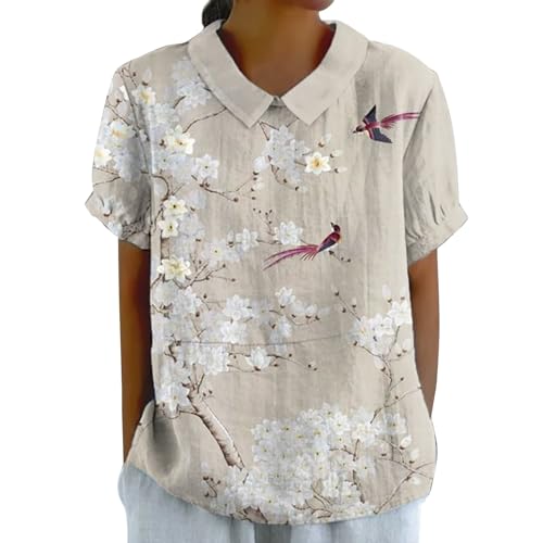 Bluse Damen Sommer, Elegant Leinenbluse Einfarbig Blusenshirt Revers Rundhals Leinenhemd Blumendruck Oberteile Lose Pullover Top Vintage Freizeithemd T-Shirt Blusehemd Blusentop Tunika Bluse Damen Sommer, Elegant Leinenbluse Einfarbig Blusenshirt Revers Rundhals Leinenhemd Blumendruck Oberteile Lose Pullover Top Vintage Freizeithemd T-Shirt Blusehemd Blusentop Tunika von Chanpning