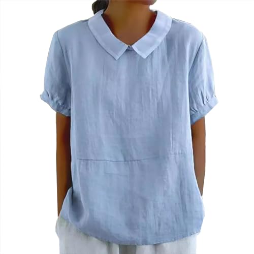 Bluse Damen Sommer, Elegant Leinenbluse Einfarbig Blusenshirt Revers Rundhals Leinenhemd Blumendruck Oberteile Lose Pullover Top Vintage Freizeithemd T-Shirt Blusehemd Blusentop Tunika von Chanpning