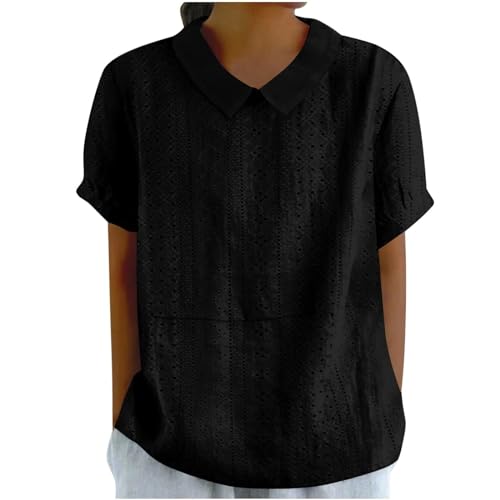 Bluse Damen Sommer, Elegant Leinenbluse Einfarbig Blusenshirt Revers Rundhals Leinenhemd Blumendruck Oberteile Lose Pullover Top Vintage Freizeithemd T-Shirt Blusehemd Blusentop Tunika von Chanpning