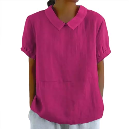 Bluse Damen Sommer, Elegant Leinenbluse Einfarbig Blusenshirt Revers Rundhals Leinenhemd Blumendruck Oberteile Lose Pullover Top Vintage Freizeithemd T-Shirt Blusehemd Blusentop Tunika von Chanpning