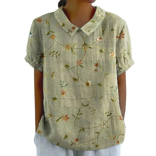 Bluse Damen Sommer, Elegant Leinenbluse Einfarbig Blusenshirt Revers Rundhals Leinenhemd Blumendruck Oberteile Lose Pullover Top Vintage Freizeithemd T-Shirt Blusehemd Blusentop Tunika von Chanpning