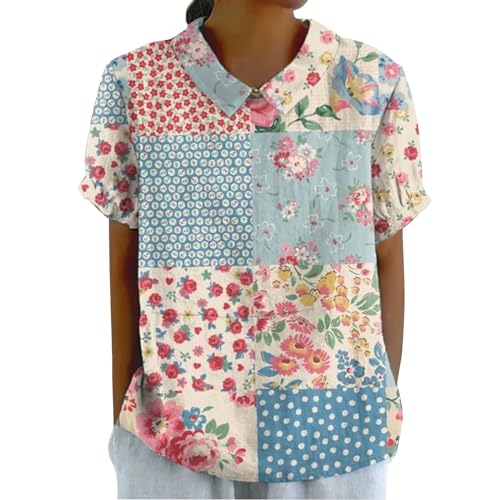 Bluse Damen Sommer, Elegant Leinenbluse Einfarbig Blusenshirt Revers Rundhals Leinenhemd Blumendruck Oberteile Lose Pullover Top Vintage Freizeithemd T-Shirt Blusehemd Blusentop Tunika von Chanpning