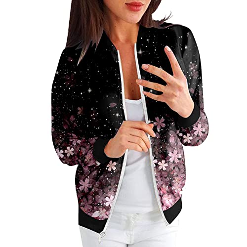 Bomberjacke Damen, Sommer Blouson Jacke Leichte Reißverschluss Sommerjacke Herbst Frühling College Jacke Pilotenjacke Kurzjacke Dünne Mädchen Damenjacke Outwear Kurz Coat Blumenmuster Langarm Jacket von Chanpning