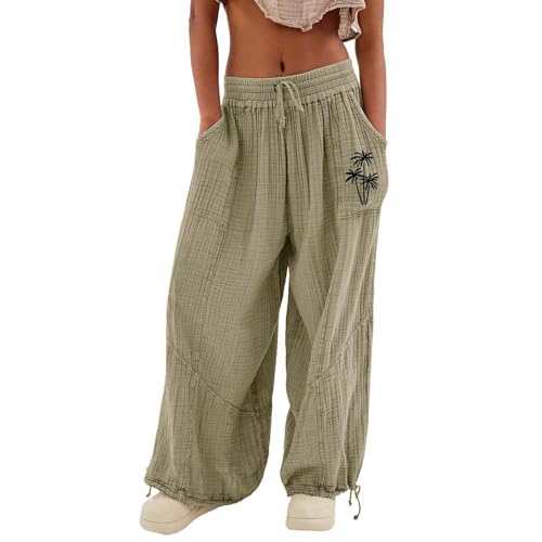 Chanpning Damen Hose Leinen Pumphose Haremshose Wickelhose Bequeme Sporthose Für Frauen Schlaghose Hippie Baggy Hosen Sport Straight Bein Hose Flower Freizeithose Ballonhose Pluderhose Jogginghose von Chanpning