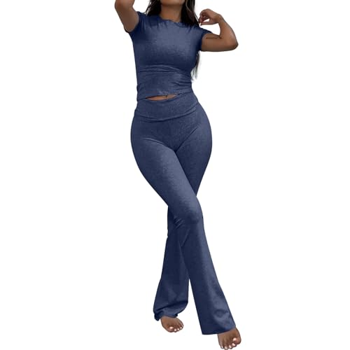 Chanpning Damen Skims Dupe Slim Fit 2 Stück Set Langarm Crop Top und Low Rise Flare Pants Yoga Trainingsanzug Lounge Set von Chanpning