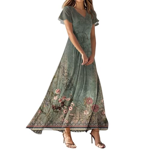 Chanpning Damen Sommerkleid Lässig Sommer Boho Kleid Elegant Blumendruck Maxikleid Kurzarm Blumenkleid Casual Kleider V-Ausschnitt Freizeitkleid Lockeres Sommerkleider Damenkleider von Chanpning