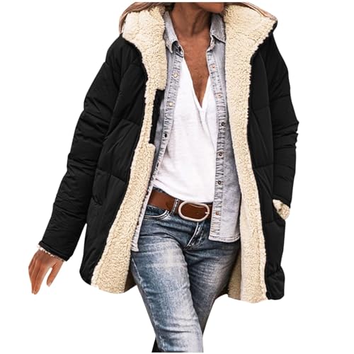 Chanpning Damen Wintermäntel Lang Auf Beiden Pufferjacken Warmer Kapuzenmantel Damen Winterjacke Casual Wintermantel mit Kapuze Frauen Oberbekleidung Outdoorjacke Steppjacke Steppmantel von Chanpning