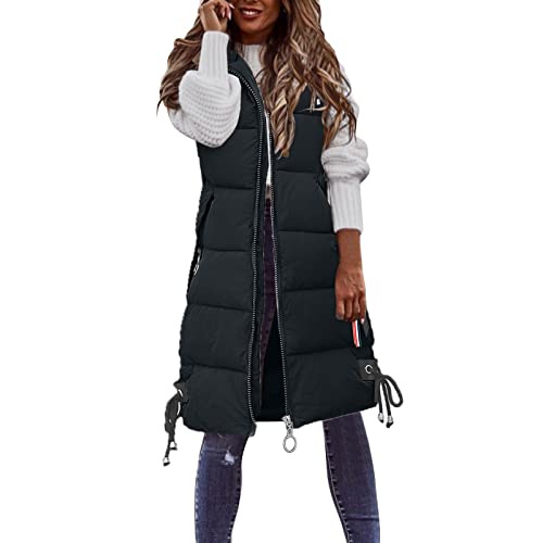 Chanpning Damenwesten Ärmellos Lang, Großer Größe Longweste Lange Schlanke Weste Jacke bequem täglich Steppweste Ärmellose Oberteile Tops Coat Daunenmantel Slim Gilet mit Taschen von Chanpning