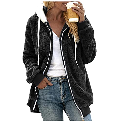 Chanpning Fleecejacke Damen Lang, Herbst Winter Mode Mantel Freizeit Cardigan Warm Fleecemantel Übergangsjacke Damen Elegant Leicht Teddyjacke Loose Kapuzenpullover von Chanpning