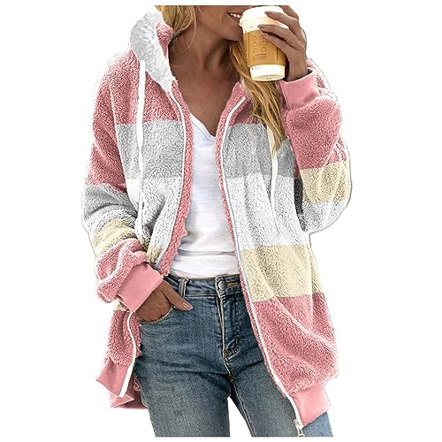 Chanpning Fleecejacke Damen Lang, Herbst Winter Mode Mantel Freizeit Cardigan Warm Fleecemantel Übergangsjacke Damen Elegant Leicht Teddyjacke Loose Kapuzenpullover von Chanpning