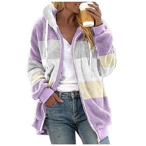 Chanpning Fleecejacke Damen Lang, Herbst Winter Mode Mantel Freizeit Cardigan Warm Fleecemantel Übergangsjacke Damen Elegant Leicht Teddyjacke Loose Kapuzenpullover von Chanpning