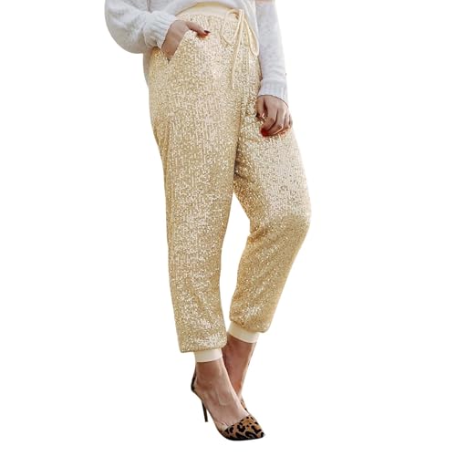 Chanpning Glitzer Hose Damen Lang Gold- PaillettenHose Silber Pailetten Hose Lang Palazzo Hose Glänzende Hosen High Waist Jogginghose Langes Yoga Hosen Karneval Kostüm Silvester Outfit Glitzerhosen von Chanpning