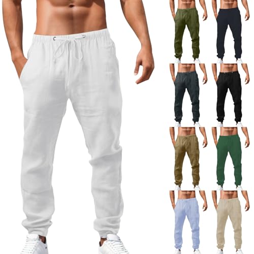 Chanpning Leinenhose Herren Lang Leicht Sommerhose Leinen Baumwolle Freizeithose Strandhose Einfarbig Elastisch Gummibund Kordelzug Herrenhosen Sommer Casual Männer Hose von Chanpning