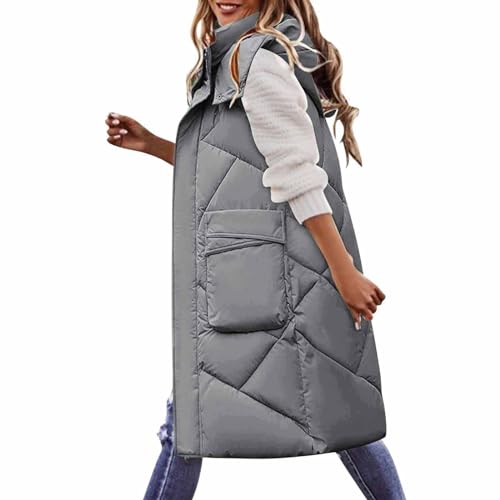 Chanpning Mantelweste Für Damen Warm Daunenweste Lange Schlanke Weste Jacke Ärmellos Lang Kapuze Daunenweste Ärmellose Oberteile Tops Coat Daunenmantel Slim Gilet mit Taschen Steppweste Ärmellos Lang von Chanpning