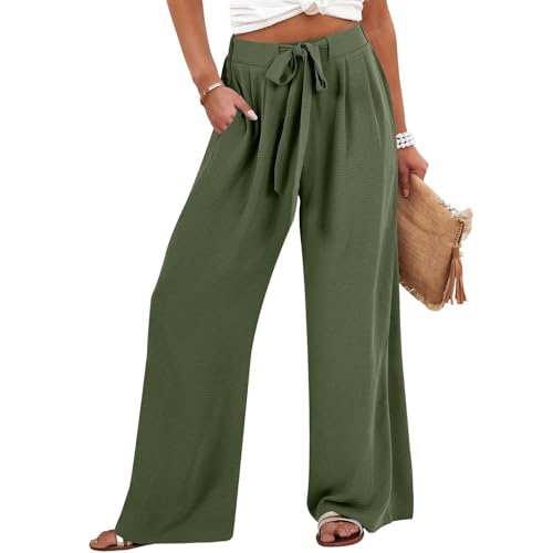 Chanpning Sommerhose Leicht Damen Leinenhose Casual Stoffhose Locker Freizeithose Einfarbig Pumphose High Waist Stretch Sommer Hosen mit Tunnelzug und Taschen Strandhose Luftig Bequeme Hose von Chanpning