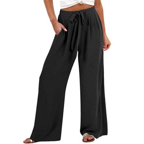 Chanpning Sommerhose Leicht Damen Leinenhose Casual Stoffhose Locker Freizeithose Einfarbig Pumphose High Waist Stretch Sommer Hosen mit Tunnelzug und Taschen Strandhose Luftig Bequeme Hose von Chanpning