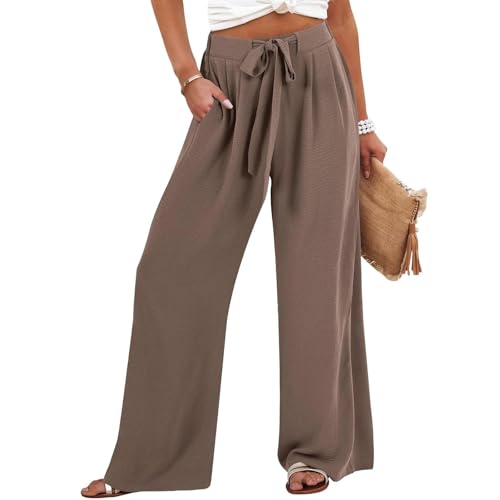 Chanpning Sommerhose Leicht Damen Leinenhose Casual Stoffhose Locker Freizeithose Einfarbig Pumphose High Waist Stretch Sommer Hosen mit Tunnelzug und Taschen Strandhose Luftig Bequeme Hose von Chanpning