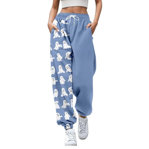 Chanpning Sweathose Damen Lang Halloween Joggpants Y2k Locker Hose mit Taschen Pant Basketball Tasche Freizeithosen Basic Elegant Haremshose Gummibund Stofflatzhose von Chanpning
