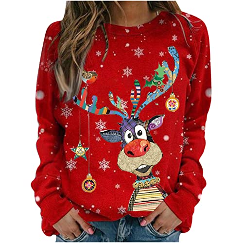 Chanpning Weihnachtspullover Damen, Schneeflocke Druck Outwear Lustige Weinachtspullie Bedrucktes Kostüm Weihnachtsmann Weihnachtskleid Oversize Pulli Große Größen Pullover Leichte Pullover von Chanpning