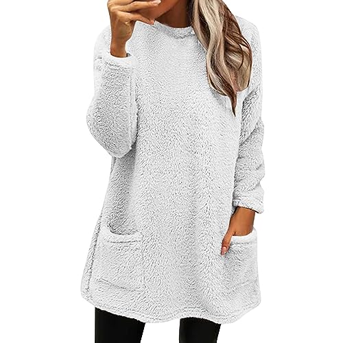 Damen Pullover Warm Sport Streifenpullover 2024 Longpulli Sherpa Gefüttertes Zopfpullover Fleece Kleid Warmes Obertei Gepolstert Lammwolle Unterhemd Einfarbig Streetwear Verdicktes Longpullover von Chanpning