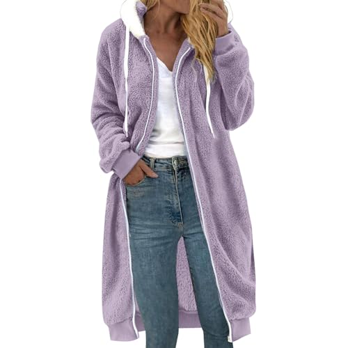 Fleecejacke Damen Lang Große Größen, Dicke Gefüttert Teddyfleece Jacke mit Kapuze Teddyjacke Flauschig Plüschjacke mit Reißverschluss und Taschen Kuscheljacke Frauen Winterjacke Cardigan Outwear von Chanpning