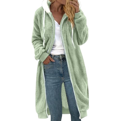 Fleecejacke Damen Lang Große Größen, Dicke Gefüttert Teddyfleece Jacke mit Kapuze Teddyjacke Flauschig Plüschjacke mit Reißverschluss und Taschen Kuscheljacke Frauen Winterjacke Cardigan Outwear von Chanpning